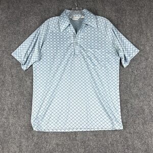 Vintage 70s Lilly Dache Dagger Collar Knit Polo Shirt Mens Medium Ice Blue Grid